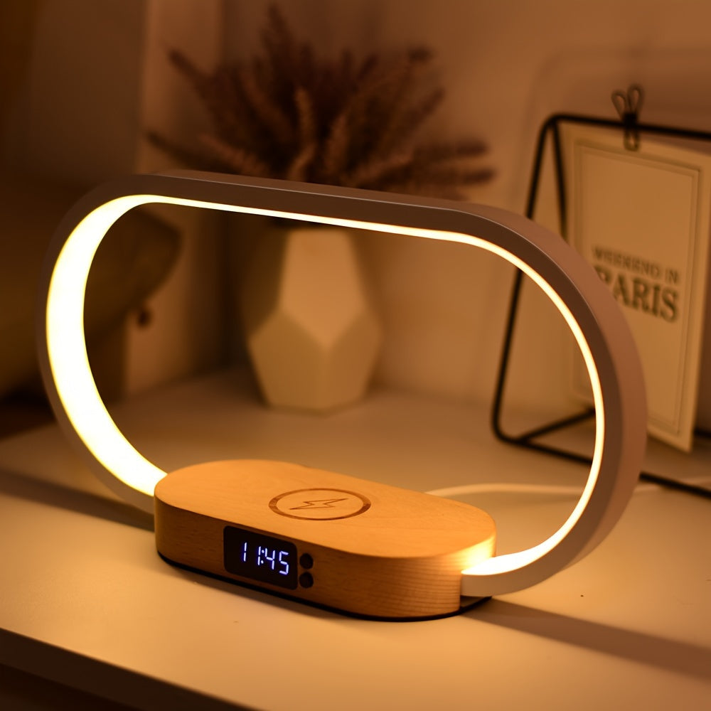 Luminria de mesa LED com carregador sem fio porta de carregamento USB luminria de mesa com relgio despertador data temperatura luminria de mesa dobrvel para mesa quarto cabeceira escritrio estudo